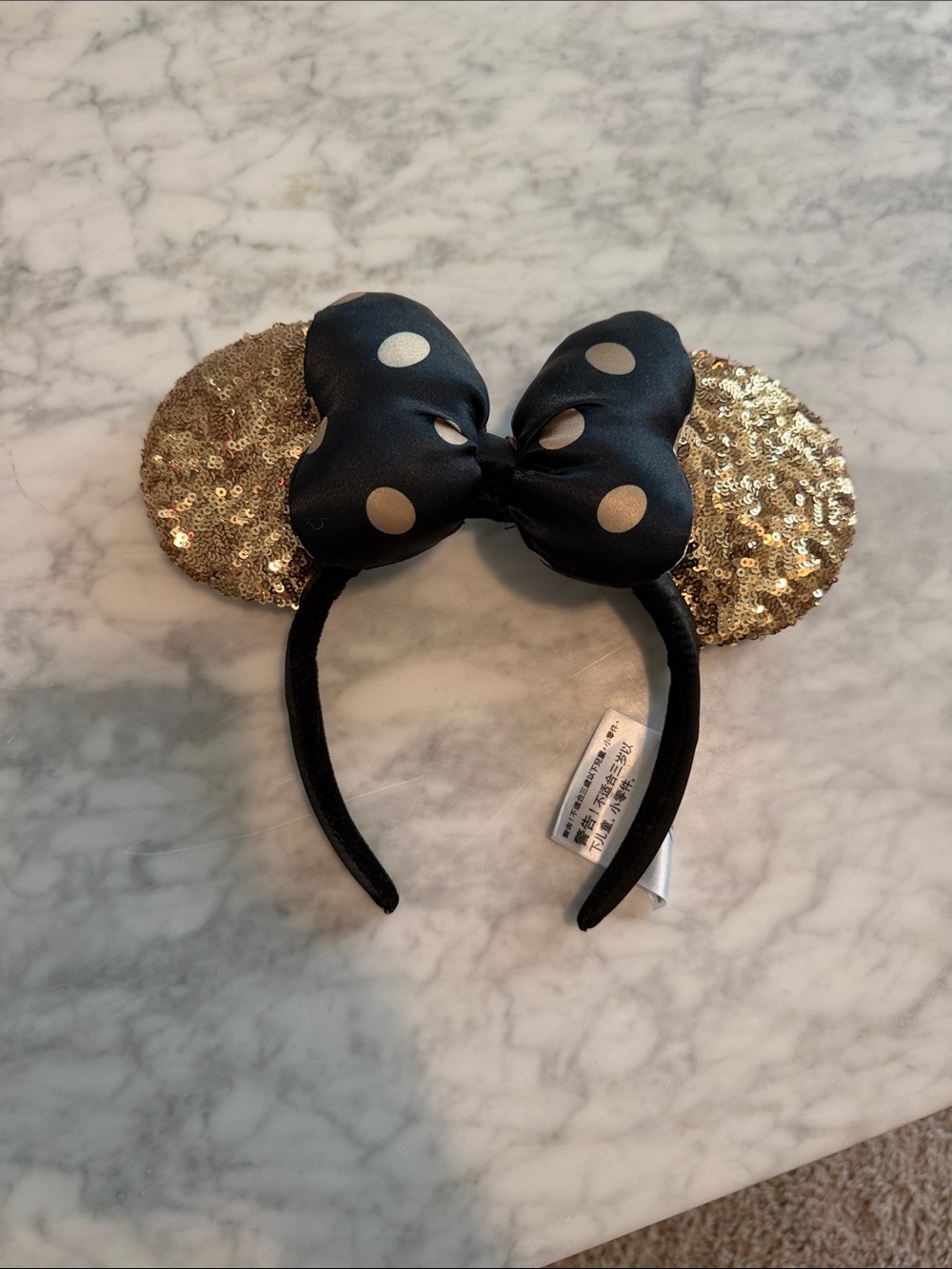 Disney Gold Sequin Ears Headband with Black Polka Dot Bow